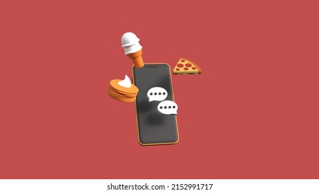 3D Rendering, Order Foods Through Online Shopping. Pancake, Pizza, And Ice Cream Float In Front Of A Smartphone. Food Delivery Service. 