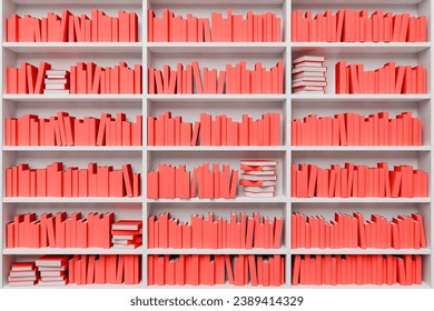A 3D rendering of an organized array of red books on white shelves, with a uniform color scheme creating a visually striking modern library aesthetic.