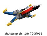 3d rendering of original model X-Wing built from bricks isolated on white background. Exclusive robot made from children