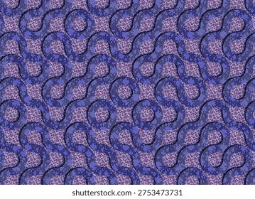 3D rendering of an ornamental textile surface featuring thick braided purple cords arranged in flowing looped geometric shapes. The repeating circular and curved pattern lies over a soft fabric decorated with small floral motifs in pink and red tones, creating a decorative composition reminiscent of embroidered textiles, patterned fabrics, and elegant ornamental wallpaper.