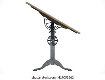 A 3D rendering of an ornate vintage metal and wood drafting table on an isolate white studio background