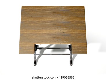 A 3D rendering of an ornate vintage metal and wood drafting table on an isolate white studio background