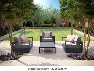 3D Rendering Of Outdoor Garden Furniture Scene. 3D Illustration Showing A Garden Or Outdoor Scene With Furniture.