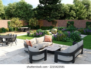 3D Rendering Of Outdoor Garden Furniture Scene. 3D Illustration Showing A Garden Or Outdoor Scene With Furniture.