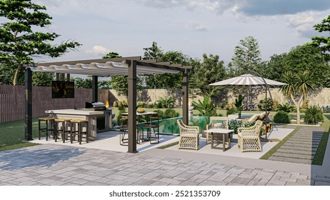 3D Rendering of Outdoor Kitchen and BBQ Area | Backyard Kitchen Visualization | BBQ Station 3D Design | Outdoor Cooking Space Render | Patio BBQ Layout