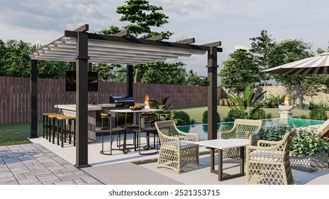 3D Rendering of Outdoor Kitchen and BBQ Area | Backyard Kitchen Visualization | BBQ Station 3D Design | Outdoor Cooking Space Render | Patio BBQ Layout