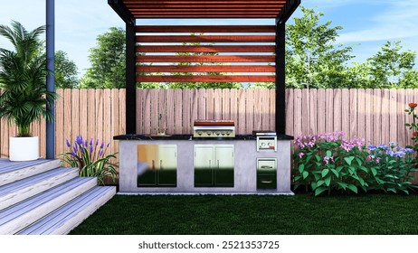 3D Rendering of Outdoor Kitchen and BBQ Area | Backyard Kitchen Visualization | BBQ Station 3D Design | Outdoor Cooking Space Render | Patio BBQ Layout