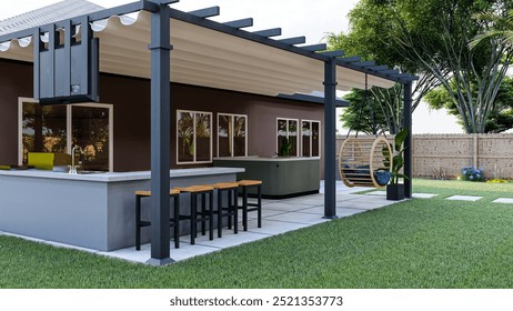 3D Rendering of Outdoor Kitchen and BBQ Area | Backyard Kitchen Visualization | BBQ Station 3D Design | Outdoor Cooking Space Render | Patio BBQ Layout