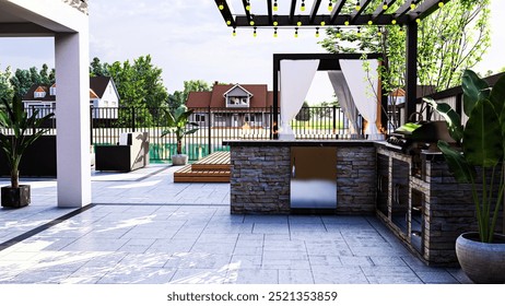 3D Rendering of Outdoor Kitchen and BBQ Area | Backyard Kitchen Visualization | BBQ Station 3D Design | Outdoor Cooking Space Render | Patio BBQ Layout