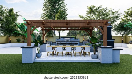 3D Rendering of Outdoor Kitchen and BBQ Area | Backyard Kitchen Visualization | BBQ Station 3D Design | Outdoor Cooking Space Render | Patio BBQ Layout