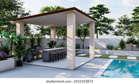 3D Rendering of Outdoor Kitchen and BBQ Area | Backyard Kitchen Visualization | BBQ Station 3D Design | Outdoor Cooking Space Render | Patio BBQ Layout