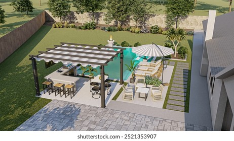 3D Rendering of Outdoor Kitchen and BBQ Area | Backyard Kitchen Visualization | BBQ Station 3D Design | Outdoor Cooking Space Render | Patio BBQ Layout