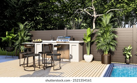 3D Rendering of Outdoor Kitchen and BBQ Area | Backyard Kitchen Visualization | BBQ Station 3D Design | Outdoor Cooking Space Render | Patio BBQ Layout