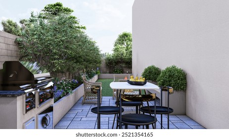 3D Rendering of Outdoor Kitchen and BBQ Area | Backyard Kitchen Visualization | BBQ Station 3D Design | Outdoor Cooking Space Render | Patio BBQ Layout