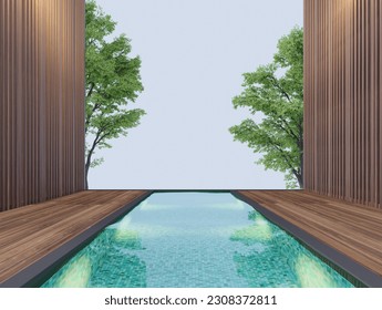 3d rendering of outdoor swimming pool with dark wooden slats covering private corners Look out to see the view of the big tree and the sky view.