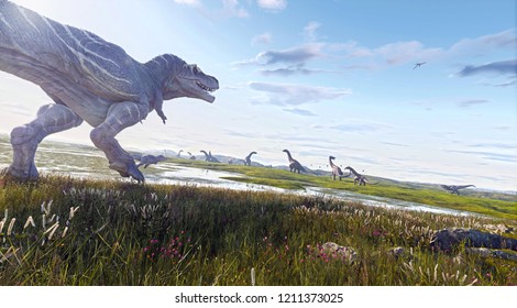 A 3D Rendering Of A Pack Of Tyrannosaurus Rex Chasing Down A Herd Of Alamosaurus In The Wetlands Of Hell Creek.
