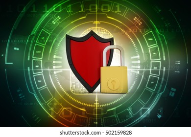 3d rendering padlock and shield