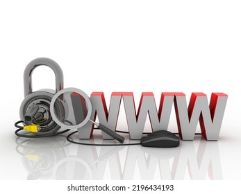 3d rendering Padlock with www undead CCTV CAMARA  connected mouse