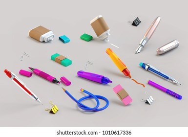 3d rendering of paint and write tools set. Stationery random lying on the grey background. Education or school supplies items in nice bright cartoon style. Side view 
 - Powered by Shutterstock