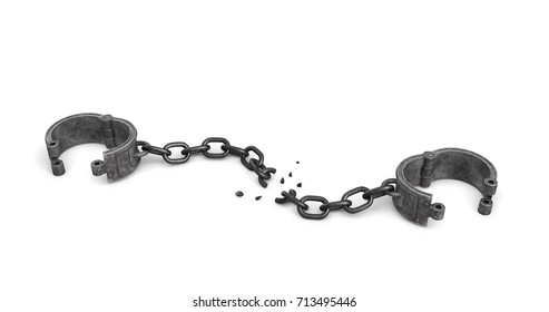 3d rendering of a pair of open metal shackles with a broken chain link on white background. Breakthrough. Getting out. Freedom and future.