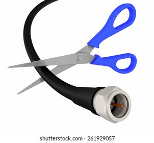 3D Rendering Of A Pair Of Scissors Cutting The Cable Or Satellite Cord.