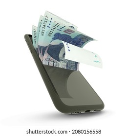 3D rendering of Pakistani rupee notes inside a mobile phone isolated on white background