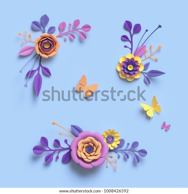3dレンダリング ペーパーアート 飾り花 花柄の背景 植物柄 パステルキャンディの色 鮮やかなパレット 分離型デザインエレメント のイラスト素材