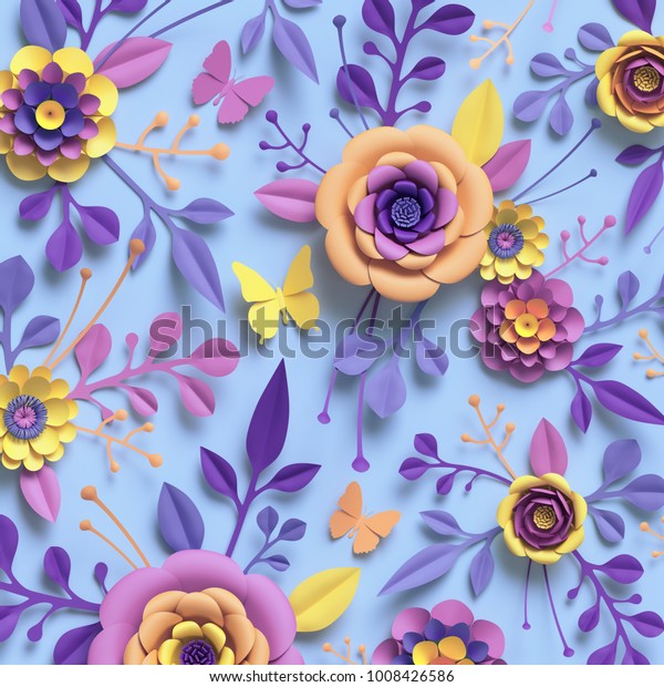 3d rendering, paper art, rose flowers, floral pattern, botanical background, pastel blue pink and yellow colors