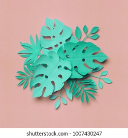 3d Rendering, Paper Art, Tropical Palm Leaves, Botanical Background, Pastel Colors, Tropical Nature, Foliage