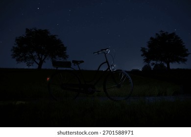 3D Rendering of parked bicycle on the country lane at night