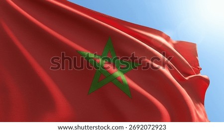 3D rendering of part of the Moroccan flag flying in the sky in a grandiose shot - the kingdom of morocco 