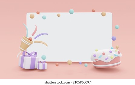 3D Rendering Of Party Popper  Gift Box Cake And Confetti With Blank Paper Copy Space In Pastel Theme Banner Background. 3D Render Illustration.