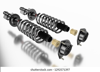 3D rendering. Passenger car Shock Absorber with dust cap, buffer mounting and strut mounting - new shock absorber car parts, spare parts. Spare parts for shop, aftermarket OEM. Shock absorber items.
