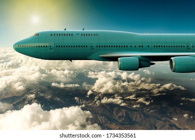 3D rendering of a passengers airplane on flight over The Andes Mountain Range.