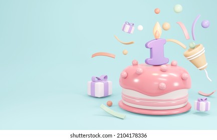 3D Rendering of pastel birthday cake party with candle number 1 with copy space on blue background. 3D Render illustration. - Powered by Shutterstock