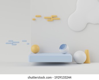 3d rendering of pastel minimal scene of white blank podium with earth tones theme. Muted saturated color. Simple geometric shapes design. Modern display for product mock up and presentation.
