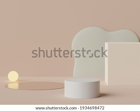 3d rendering of pastel minimal scene of white blank podium with earth tones theme. Muted saturated color. Simple geometric shapes design. Modern display for product mock up and presentation.