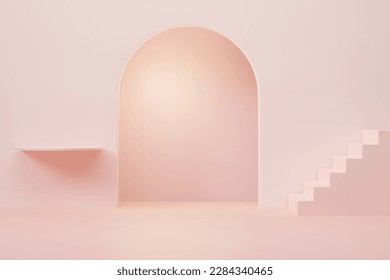 3D rendering pastel pink wall room with arch door, stair and shelf. Minimal geometric interior background for product presentation. - Powered by Shutterstock