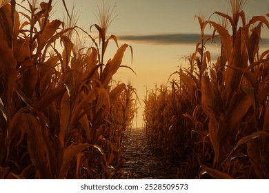 3d rendering of path between two withered corn fields in the evening sunlight
