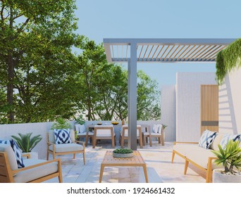 3d rendering of patio with modern pergola in tropical setting