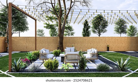 3D rendering of patio, seating area, terrace design  