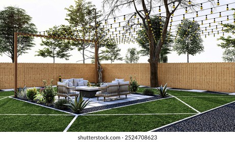 3D rendering of patio, seating area, terrace design  