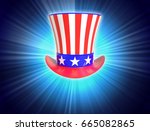 3D rendering of Patriotic Uncle Sam Hat 4th of July on blue light background with copy space.