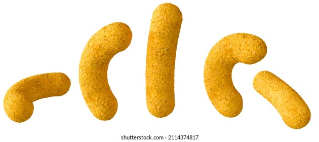 3d rendering - Peanuts snacks, flips, puffs from different angles isolated on white background high quality details