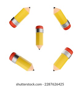 3d rendering pencil with eraser at the end icon set. 3d render a tool in the form of a rod made of writing material and an eraser different positions icon set.