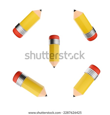 3d rendering pencil with eraser at the end icon set. 3d render a tool in the form of a rod made of writing material and an eraser different positions icon set.