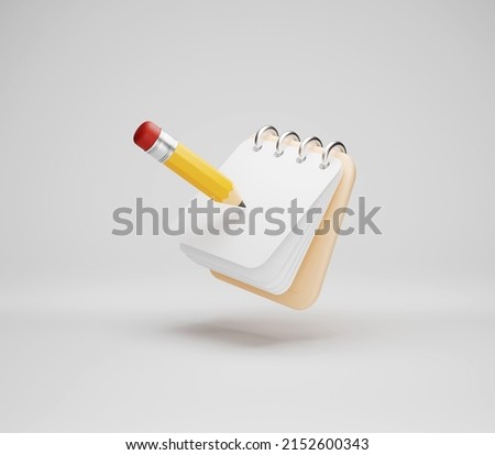 3D rendering of pencils and note book floating in the air isolated on a light gray background.
