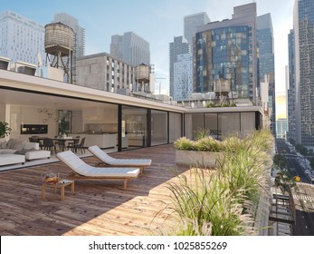 3d Rendering. Penthouse Terrace In A Big City.