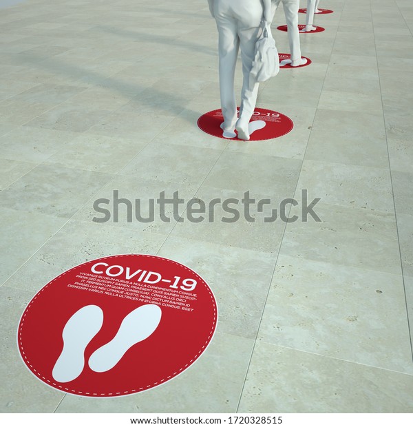 3D rendering of\
people standing in a queue with social distancing floor markers.\
Plese note that there is dummy text for graphic purposes so no\
translation is\
required