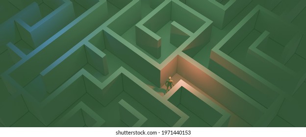 A 3D Rendering Of A Person Stuck In The Middle Of A Maze Shot At A High Angle